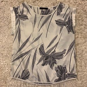 Ivory silk blouse with navy drawn flowers